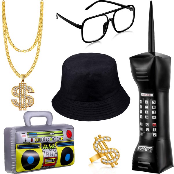 Sumind 6 Pcs 80s 90s Hip Hop Costume Outfit Kit Inflatable Radio Boombox Necklace Ring Sunglasses Hat Rapper Accessories