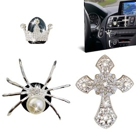 Set of 2 Car Air Vent Clips, Crystal Rhinestone Spider and Cross Car Air Fresheners - Vent Clip Diffusers with Diamante Rhinestone Decorations for Stylish Auto Interior Accessories + Crown Mask Hook