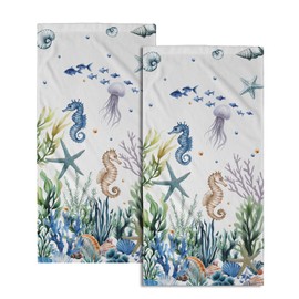 Imiss Nautical Coastal Hand Towels Coral Starfish Seashell Kitchen Towels 14.4 x 28.3 Inch Sea Themed Dishcloth Summer Beach Decorative Washcloth for Face Yoga Gym Spa