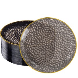 DaYammi 60 Pieces Black Gold Plastic Plates - 10 inch Clear Dinner Plates - Hammer Pattern Design - Fancy Clear Black and Gold Disposable Plates For All Occasions