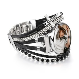 Fivoilin Leather Beaded Bracelet Compatible with Galaxy Watch 7/6/5/4/FE/Active 2 40mm 44mm/Watch 4 Classic 42mm 46mm/6 Classic 43mm 47mm/5 Pro 45mm, Women 20mm Handmade Multilayer Wrap Boho Strap, Black