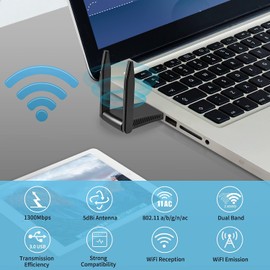CARYWON Adaptador WiFi USB AC1300Mbps, Antena WiFi USB de Alta Ganancia, Dongle WiFi de Banda Dual 5GHz/2.4GHz para PC, Soporte Windows y macOS, USB WiFi para PC, Ideal para Laptop y Escritorio