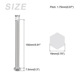 METALLIXITY Hex Bolts (M12-1.75x150mm) 2Pcs, 304 Stainless Steel Coarse Fully Threaded Hex Head Screw Bolt Machine Screws - for Furniture Repair, Silver