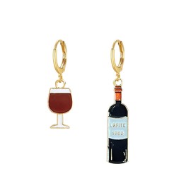 QIAOLEHUI Asymmetry Red Wine Bottle Wine Glasses Drop Dangle Earrings Enamel Alloy Fun Novelty Creative Earrings Party Holiday Jewelry (Gold C)