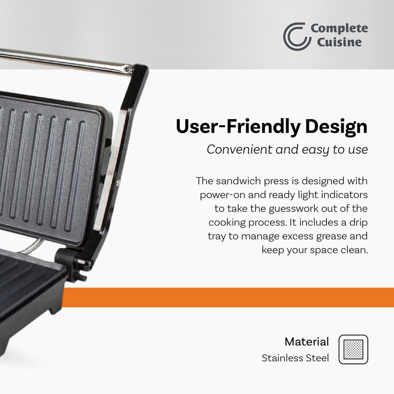 Complete Cuisine CC-PN1200 Panini Maker Sandwich Press with Nonstick Surface,