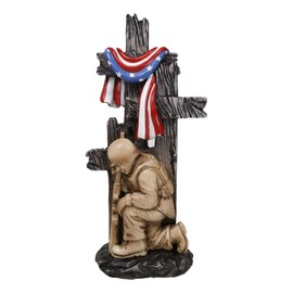 Ebros Gift Battlefield Kneeling Soldier in Solemn Prayer by 3 Rugged Crosses with Star Spangeld Banner American Flag Memorial Desktop Figurine 8" H Honor Valor Military Veteran War Figurine
