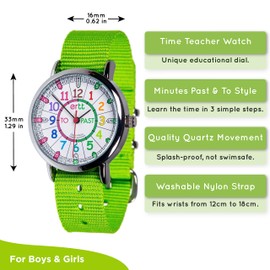 EasyRead Time Teacher Kids Analog Watch - Girls & Boys Teaching Watch - Learn to Tell The Time Childrens Watch - 3 Step Time Teacher Kids Watch - Child Watch Easy to Read Rainbow Dial - Lime Strap