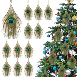 Syhood 12 Pcs Peacock Feather Ornaments Christmas Natural Peacock Bird Ornaments for Christmas Tree Teal Christmas Ornaments for Wedding Home Christmas Day Party Decor(Classic Style)