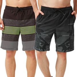 TEX2FIT 2-Pack Stretchy Mens Swim Shorts 9 Inch Inseam with Zippered Side Pocket, Quick Dry Swim Trunks with Mesh Lining (Camo/Grey, Small)