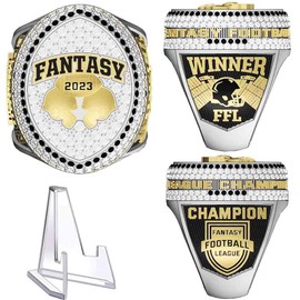 guancrown 2023 Fantasy Football Championship Ring Stand Included - Gold or Silver | FFL Champion Ring With Many Bright Clear & Black Stones - Sizes 8 – 14, 9, Zinc, white and black stones