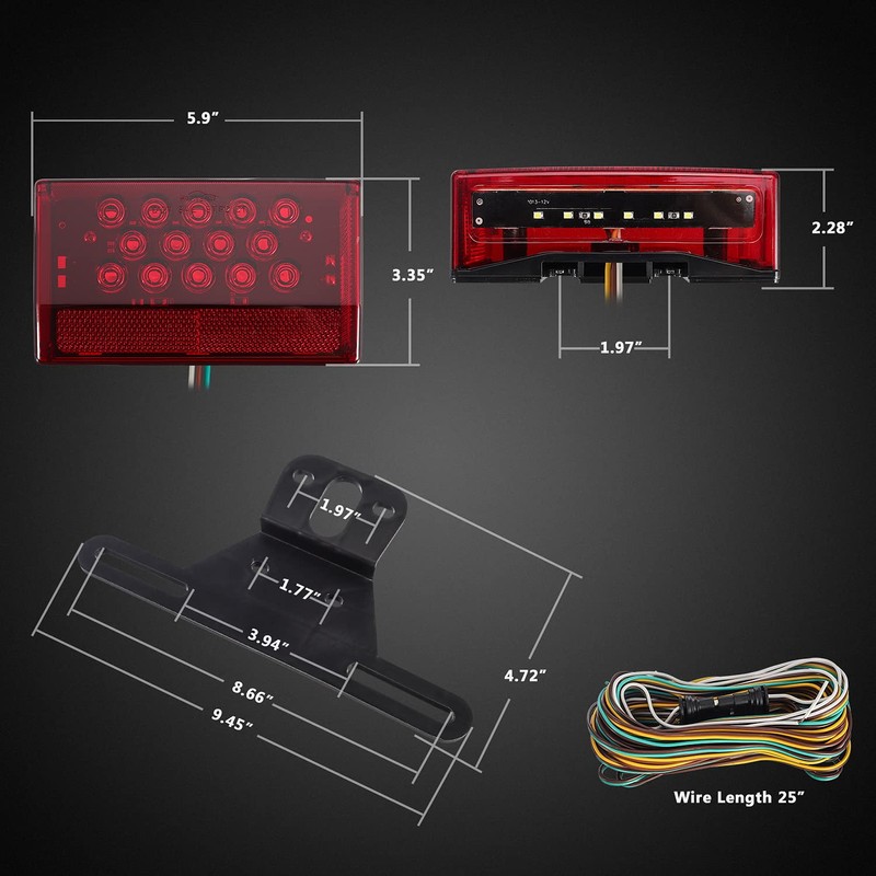 Partsam 6" Rectangular LED Combination Tail Lights Kit Red, 12V