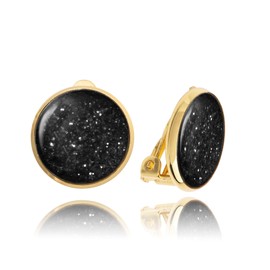 Handmade Comfortable Small Sparkly Round Clip on Earrings - Non Pierced Ears for Women (Style 32 - Black Gold)