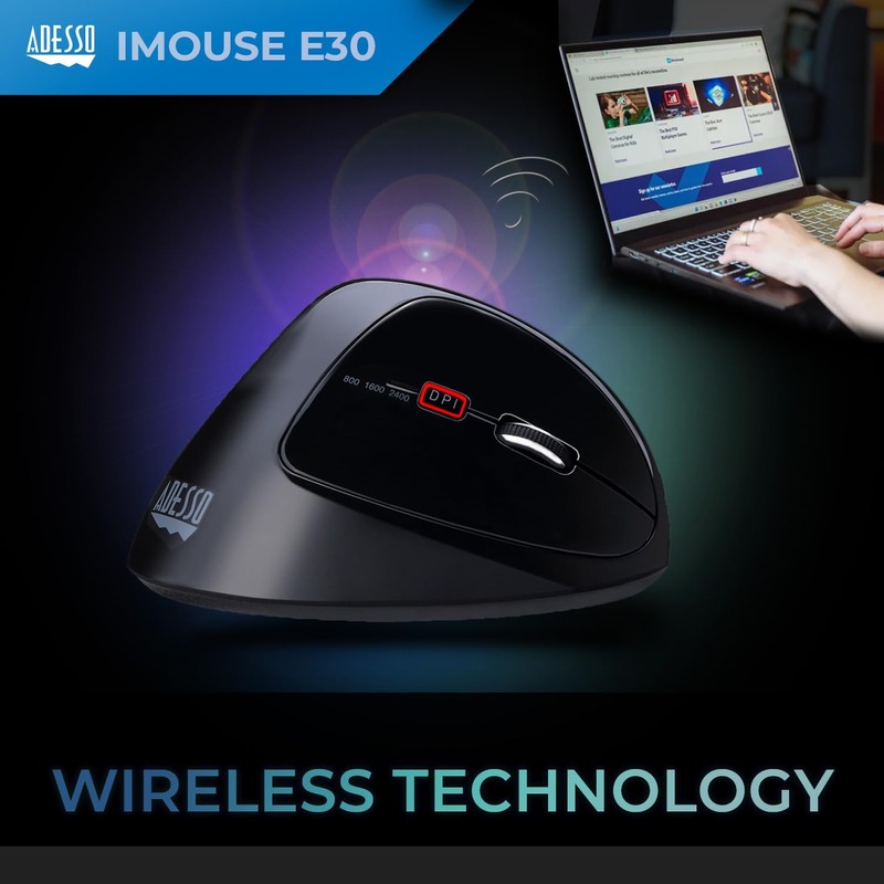 Adesso iMouse E30 2.4GHz Wireless Ergonomic Vertical Mouse Adjustable DPI