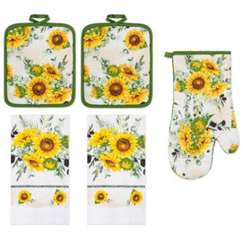 PREMIUS 5 Piece Sunflower Printed Kitchen Linen Set, 2 Cotton Towels, 2 Potholders, 1 Oven Mitt with Hanging Loop, 100% Cotton Material on Front & Polyester Backing, Perfect Kitchen Accessory, Gift