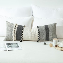 VOGOL Black Throw Pillow Cover for Bed, Boho Tassel Long Body Lumbar Cushion Cover for Bedding, Woven Textured Decorative Pillowcase Cover, 1 Piece, 14x36 Inches