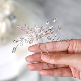 Unicra 2 Pcs Rhinestone Pink Crystal Bridal Hair Pin Wedding Hair Accessories for Women and Girls Silver