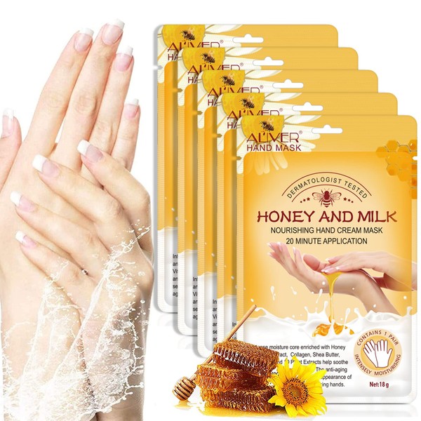 5 Pairs Moisturising Exfoliating Hand Mask with Honey and Milk with Natural Plant Extracts, Collagen, Repair Rough Skin, Whitening and Anti-Ageing (Lavender)