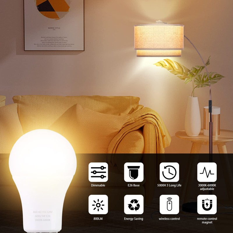 MXhme A19 LED Light Bulbs with Remote Control, 800LM 9W