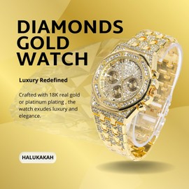 Halukakah Diamond Gold Watch for Boys, Teenagers - 18K Real Gold/Platinum Plated, 40 mm Octagonal Dial with Roman Numerals - 20 cm Length - Optional with Cuban Link Chain, with Adjustment Tool, 18K