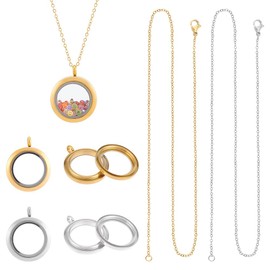 UNICRAFTALE 2 Sets 2 Colors Memory Locket Pendants 304 Stainless Steel Blank Flat Round Floating Locket Charm Golden Necklace with Glass Photo Charms for Necklace Jewelry Making