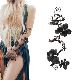 FRESHME Renaissance Fairy Flower Arm Wrap - 1 PC Gothic Elf Bracelet Black Flowers Woodland Elven Arm Cuff Forest Mother Nature Costume Fantasy Renfaire Cosplay Dress Up Medieval Accessories for Women