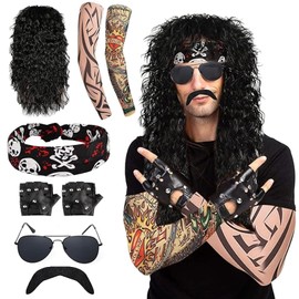 Celestia Rocker Costume Men's Wigs Black Curly Disco Costume Men's Party Costume Men with Wigs Sunglasses Beard Sleeves Gloves Headscarves for 70s 80s 90s