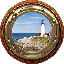 12 inch Port Scape Lighthouse 2 Brasswod Porthole Window Wall Sticker Decal Graphic Instant Sea Window View Nautical Sea Decor
