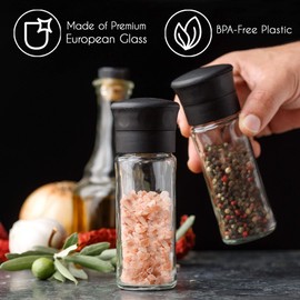 Crystalia Pepper Grinder Set of 2, Salt and Pepper Mills with Ceramic Mechanism, Glass Body, BPA-Free Plastic Lid