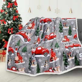 Christmas Throw Sherpa Blanket 130 x 150 cm Xmas Pattern, Warm Soft Fluffy Sherpa Throw TV Blanket Decorative Blanket for Bed Couch Holidays Truck