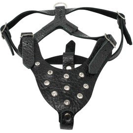 Black Genuine Leather Rhinestones Dog Harness for Small Dogs 13"-17.5" Chest