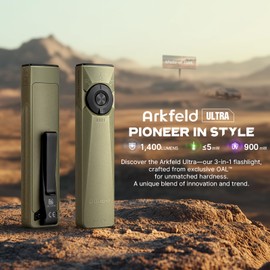 OLIGHT Arkfeld Ultra 1400 Lumens EDC Flat Flashlight, Rechargeable Compact Pocket Flash Light Combines White LED, UV and Green Beam, Triple Sources Perfect for Checking, Working (Olive-Green)