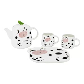 J.H. Company Juego Ceramica Jarra Tazas Plato Vaca Kawaii Vajilla Df-319 Liso