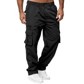 THWEI Mens Cargo Pants Casual Cotton Jogger Multi Pockets Outdoor Hiking Work Sweatpants Black XL