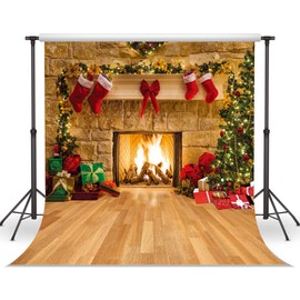 LYWYGG 10x8FT Christmas Backdrop Christmas Fireplace Backdrop Christmas Trees Backdrop Christmas Dinner Background Cloth Family Party Decorations Eve Fireplace Photography Background CP-282-1008