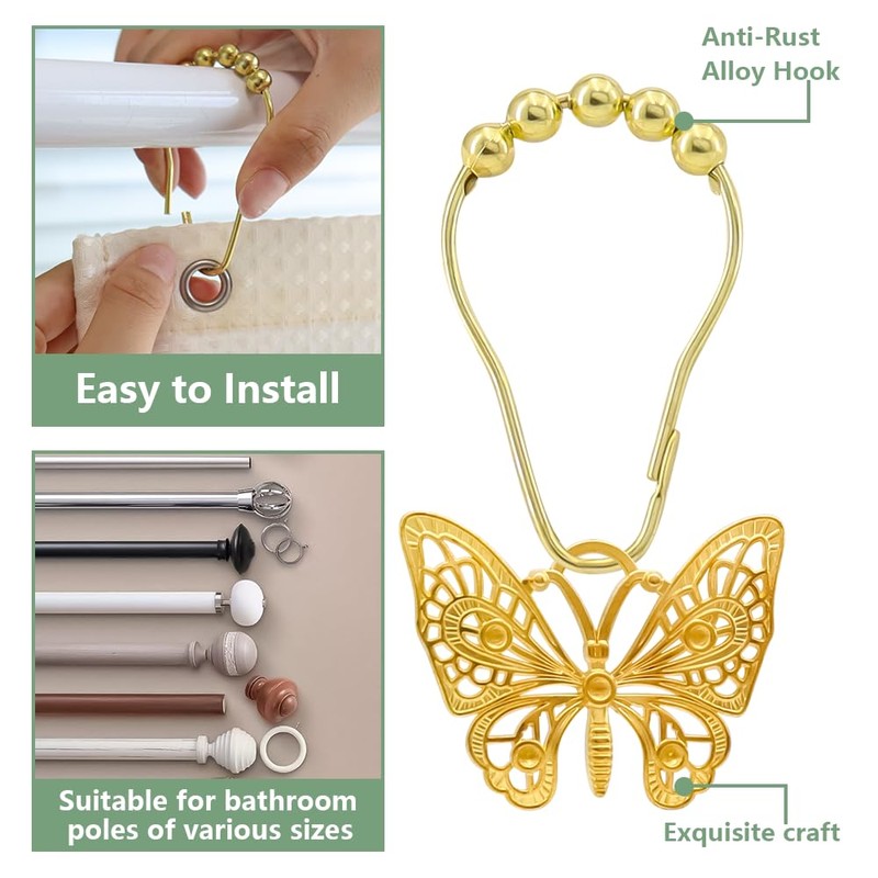 JZKaspar Decorative Shower Curtain Hooks,12PCS Butterfly Curtain Hooks Shower Ring,Rustproof