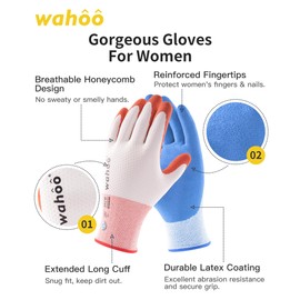 Wahoo Guantes de jardinería para mujer, 2 pares de guantes de jardín recubiertos de látex con agarre, técnica B.COMB AIR transpirable, azul azul y calabaza puré, talla S