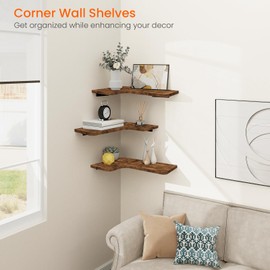 Homode Corner Floating Shelves, Corner Shelves Wall Mounted with Cord Hole, Set of 3 L Shape Wood Wall Storage Shelves for Living Room Bedroom Bathroom Kitchen, Rustic Brown
