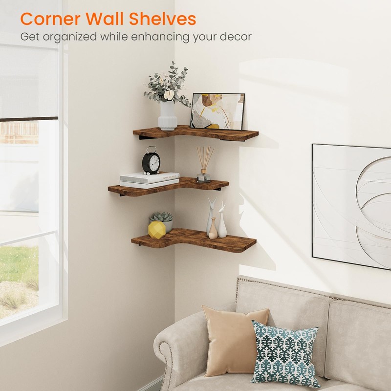 Homode Corner Floating Shelves, Corner Shelves Wall Mounted with Cord