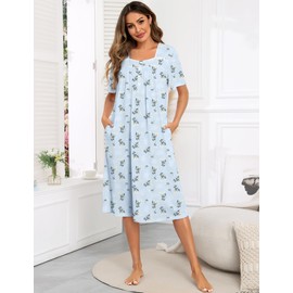 SWOMOG Womens Nightgowns Short-Sleeve Lace Nightdress Long Sleepshirt Soft House Dress Ladies Gowns With Pockets S-3XL Bule-White Floral XX-Large