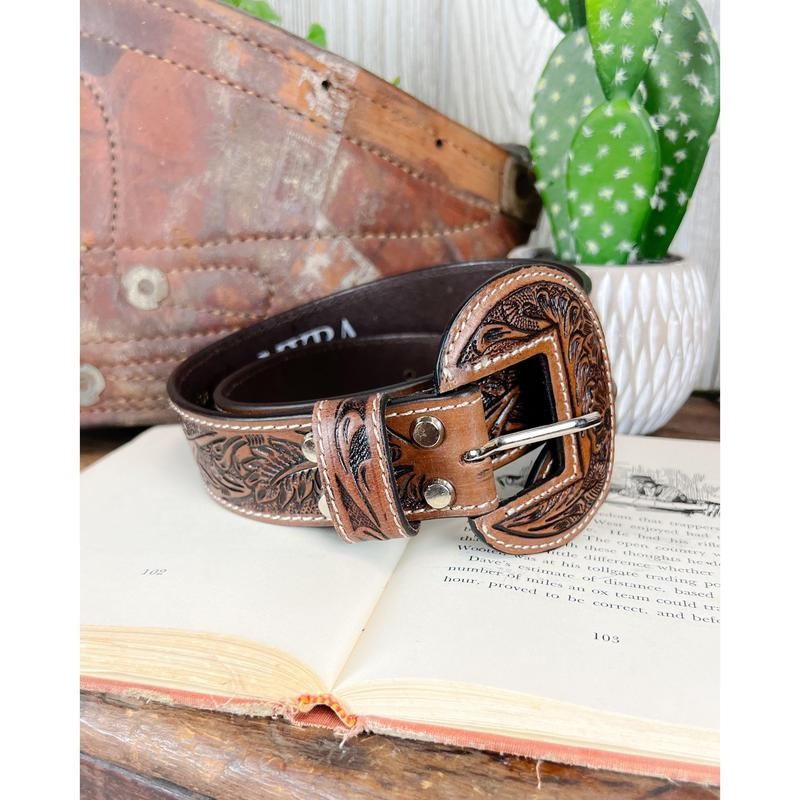 High Desert Tooled Leather Belt - Brown - Size: Large