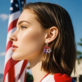 Patriotic 4th of July Earrings for Women,American USA Flag Earrings Red White Blue Star Dangle Earring Memorial Independence Day Jewelry Outfits Accessories (Clip No)