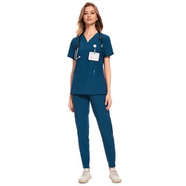 COZYFIT Medical Scrubs for Women Set - Curved V-Neck Scrub Top & Jogger Pants with 8 Pockets - Caribbean Blue, S