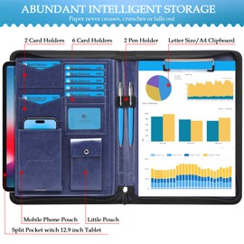 Darolin [Zippered] Portfolio Padfolio Organizer Binder with Clipboard, Leather Business Interview Resume Document Holder Folder Planner Organizer for Office Conference Notepad Bag for Women-Blue