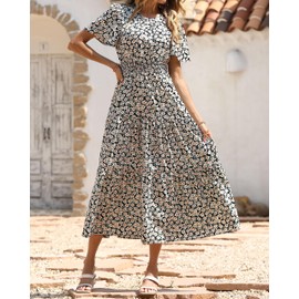 PRETTYGARDEN Women's Summer Casual Short Flutter Sleeve Round Neck Smocked Waist Tiered Boho Floral Flowy Maxi Dress(Floral Black,Medium)