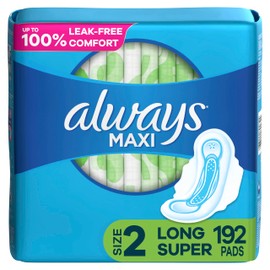 Always Maxi Feminine Pads with Wings for Women, Size 2, Long Super Absorbency, Unscented, 192 Count (6 Packs of 32)