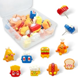 WINFA 24 Pack Cute Food Push Pins for Cork Board, Decorative Resin Thumb Tacks Featuring Hamburger, Fries, Drinks & Snacks, Funny Decorative Wall Pins for Office, Home, Classroom & Restaurant Decor