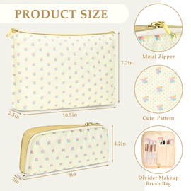 Quilted makeup bag Set for Women, Floral Cotton Makeup Bag Travel Cosmetic Pouch for Girls Make Up Organizer, Gift for Mothers Day, Birthday Gift for Her - Yellow