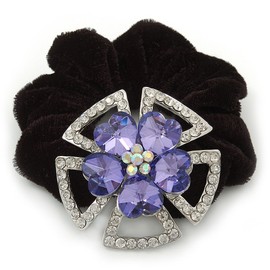 Large Layered Rhodium Plated Diamante 'Flower' Pony Tail Black Hair Scrunchie - Amethyst/Clear/AB