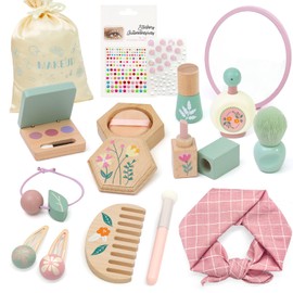 Masonbaby Wooden Makeup Toy Set Pretend Makeup for Toddlers 3-5 with Stickers/ Headscarf/ Mirror/ Perfume/ Powder/Bag, Wooden Makeup Kit Wooden Makeup Toy Set for Girls Birthday Gifts for Kids