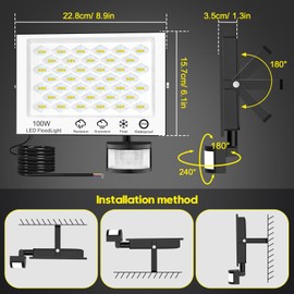 Viugreum 100 W LED Spotlight 6500 K Outdoor Light with Motion Sensor 10000 lm Spotlight Outdoor Cool White Floodlight IP66 Waterproof Outdoor Spotlight for Garden, Courtyards, Garage